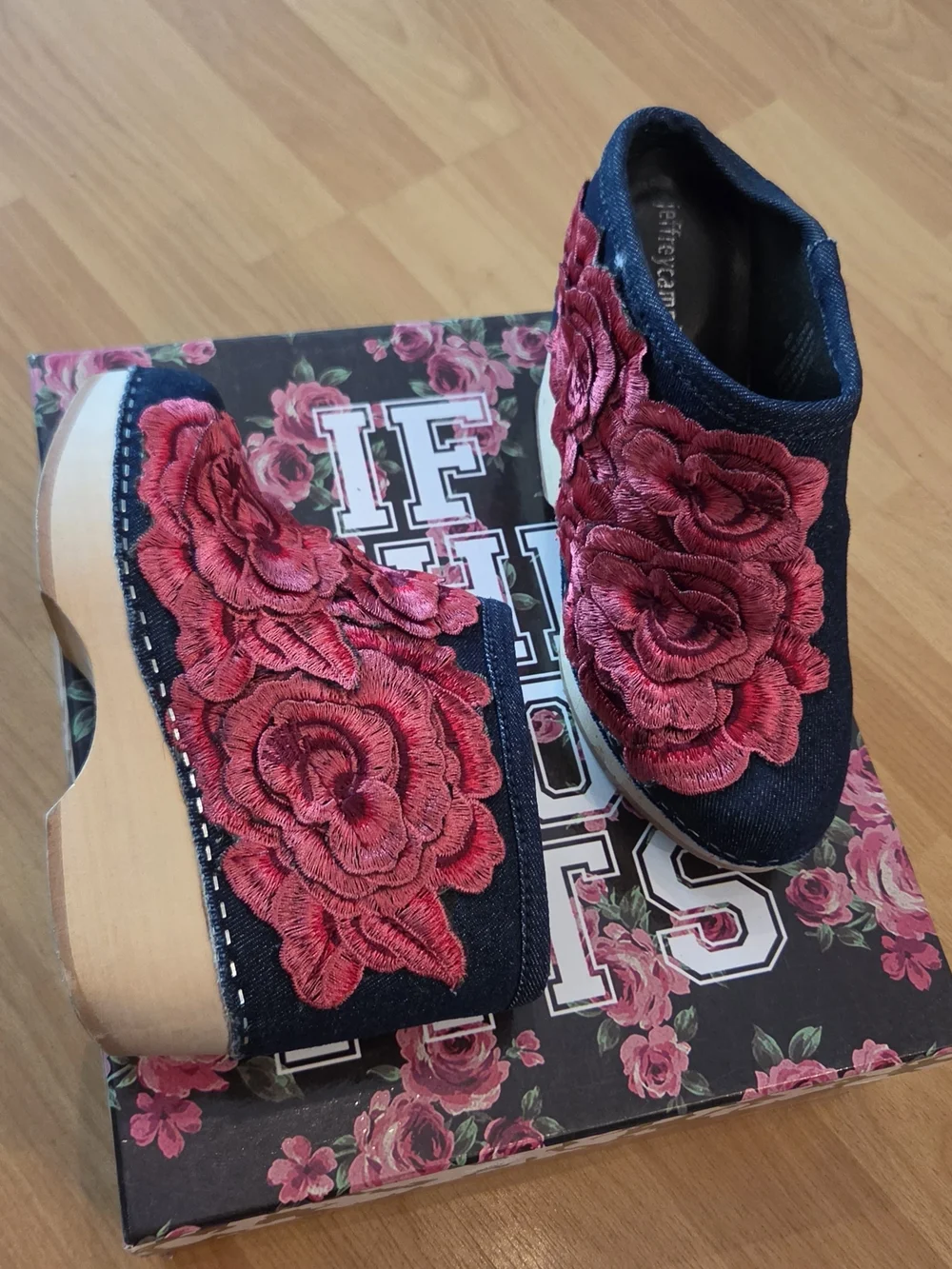 Jeffrey Campbell Rose Embroidered Denim Low Ankle